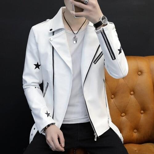 2021 Mens Autumn and Winter New PU Leather Clothing Youth Slim Five-Pointed Star Lapel Oblique Zipper Leather Clothing