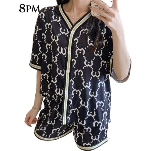 New Fashion Print Pattern Sleepwear Women Stain Short Sleeve Shorts Two Piece Set Nightwear Notch Collar Sexy Pajamas ouc1093