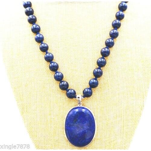 8MM BLUE LAPIS LAZULI S BEADS NECKLACE 18" & 18X28MM