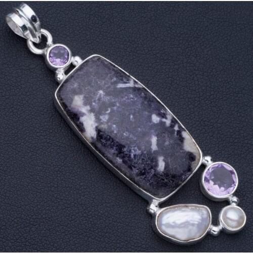 Natural Charoite,Amethyst,River Pearl and Biwa Pearl Punk Style 925 Sterling Silver Pendant 2 3/4" P0824