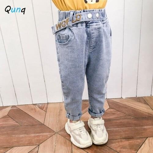 Qunq Girls Jeans 2021 New Spring Summer Kids Pant for 1 2 3 4 5 6 7 Year Boys Elastic Waist Letter Embroidery Children Trousers