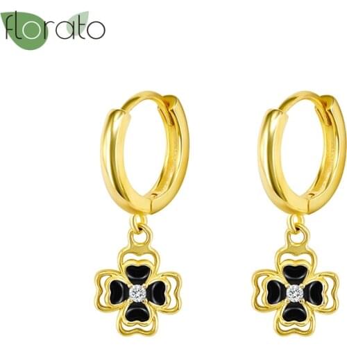 Pendant Earrings 925 Silver Ear Buckle Retro Black Petal Gold Hoop Earrings Korean Style Fan Girl Temperament New Jewelry