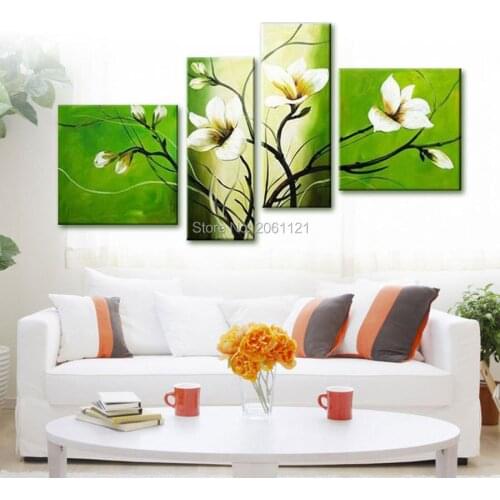 Modern Abstract oil Painting green flower Wall Art Handmade Canvas Art Living Room Pictures Decor Set Cheap Sale 4p12