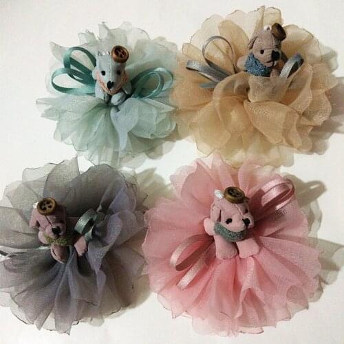 Top Quality 12pcs/lot Animals Cartoon Shape Solid Bear Floral Hairpins With Ribbon Bowknot Button Bears Modish Girls Hair Clips