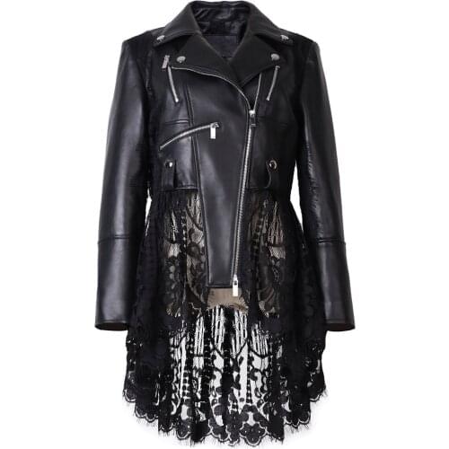 YOLOAgain Spring Women Long Genuine Leather Jacket Lace Stitching Dovetail Real Sheepskin Coat