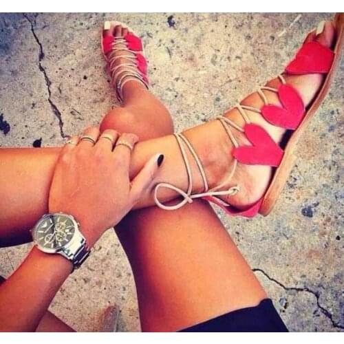 Sestito 2019 Women Heart Cross-tied Flat Sandals Female Open Toe Lace-up Ankle Strap Sandals Ladies Cut-outs Casual Sandals