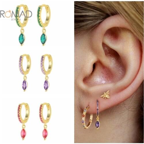 ROMAD 925 Sterling Silver Water Drop Pendants Hoop Earrings For Women Cute Charms Jewelry Green Zircon Earrings Hoops Korean