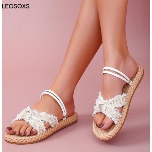 2021 Summer Slippers Womens Imitation Straw Woven Hemp Rope Two Wear Simple Comfortable Female Shoes Beach Casual Slippers