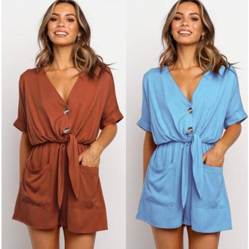 Women Casual Playsuit V-neck Jumpsuit Lace Up Short Sleeve Button Bandage Lace Up Loose Shorts Ladies Minimalist Chic Rompers
