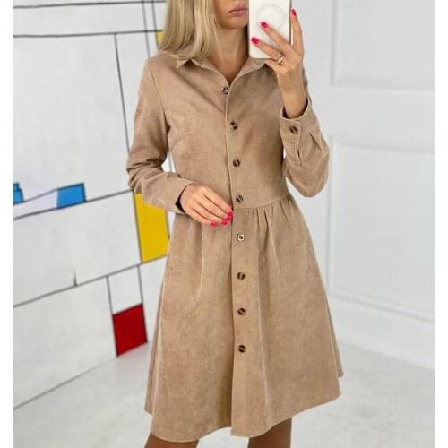 Casual Solid Corduroy Woman Shirt Dress Autumn Fashion Long Sleeve Button Black Slim A-line Office Winter Dresses Robe Femme