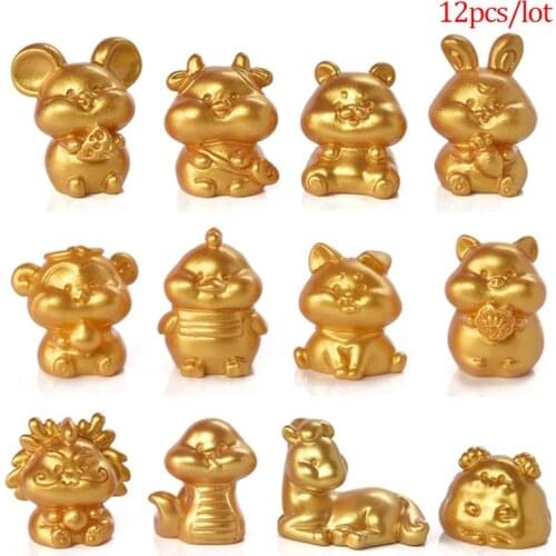 12pcs Tranditional Chinese Zodiac Golden Resin Decor Rat Ox Tiger Dragon Figure Ornaments Happy New Year Gift Spring Festival