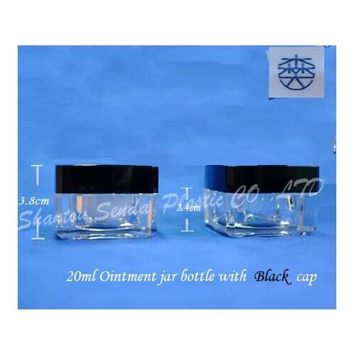 20pcs/lot free shipping black lid cream jars, 20g plastic cream jar screw cap, square cosmetic bottle with black cap.cream jar