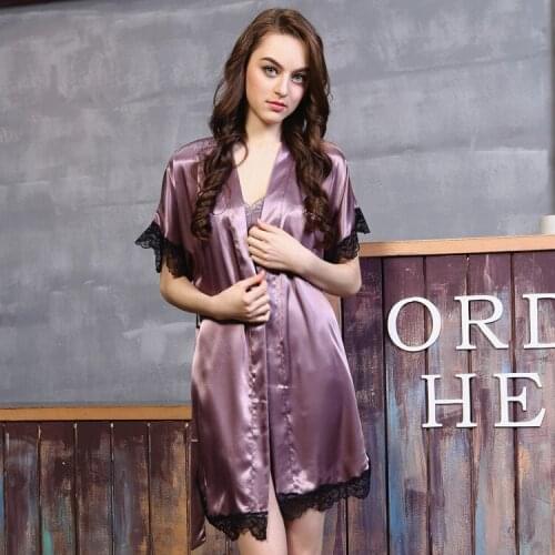 Free Shipping womens Robe Sets With Short Sleeve Silk Satin Lace Nightwear Robe + Nightdress Two Piece Mini Sleepwear 2016 Hot