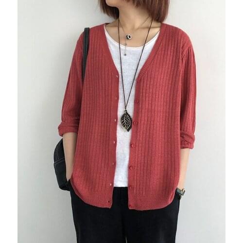 2021 Summer Thin Cardigans Women Linen Office Lady V-neck Full Sleeve Plus Size Tops Female Solid Color Sunscreen Cardigan L605