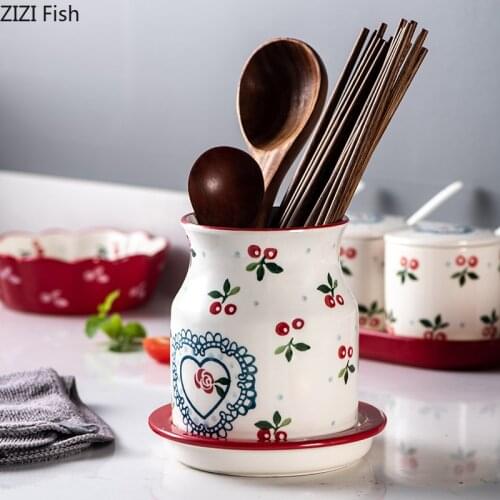 Japanese Style Hand-painted Ceramic Chopstick Storage Jar Drain Rack Spoon Tableware Storage Tool Home Kitchen Tool Storage Tank