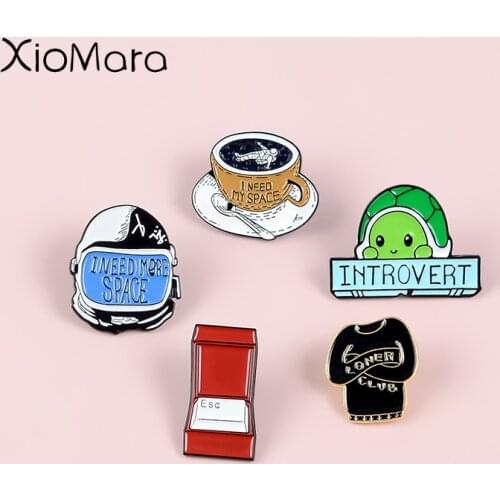 I Need My Space Enamel Pins Collections ESC Astronaut Coffee Cup Introvert Clothing Backpack Bag Accessories Brooch pin For Gift
