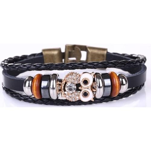 New Leather Bracelet Beaded Woven Owl Ladies Bracelet Leather Woven Alloy Double Buckle Casual Mens Bracelet