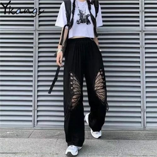 Oversize Butterfly Hollow Out Streetwear Straight Trousers Women Korean Gothic Pant Harajuku Aesthetic High Waist Pants Female