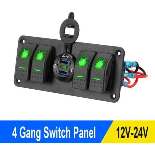 4 Gang Car Switch Panel 12/24V Circuit Control Combination Rocker LED Digital Voltmeter Dual USB Port Outlet for Marine RV Truck