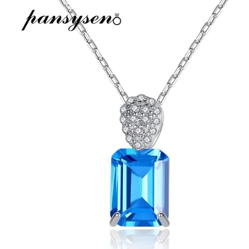 PANSYSEN 100% 925 Sterling Silver Rectangle Aquamarine Gemstone Pendant Necklaces Wedding Party Fine Jewelry Wholesale Necklaces