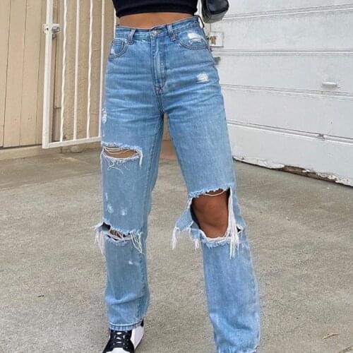 High Waist Hole Ripped Straight Jeans Women Casual Streetwear Baggy Wide Leg Boyfriend Pants Hollow Denim Trousers