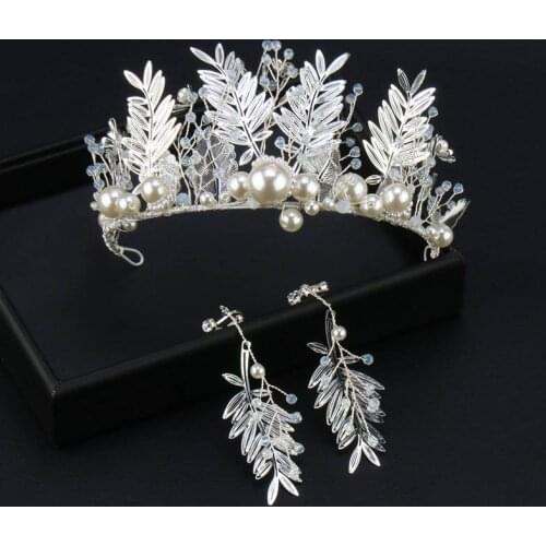 Marriage Garment Headdress Bride Princess Baroque Crown Hair Ornament Korean Marriage Leaves Crown Earrings Female Jewelry Set