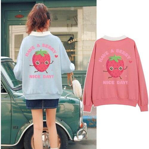 Pink Strawberry Sweatshirt Cute Turn-down Collar Loose Fit Collared Sweatshirts Oversize Hoodies Kawaii Clothes Harajuku Hoodie