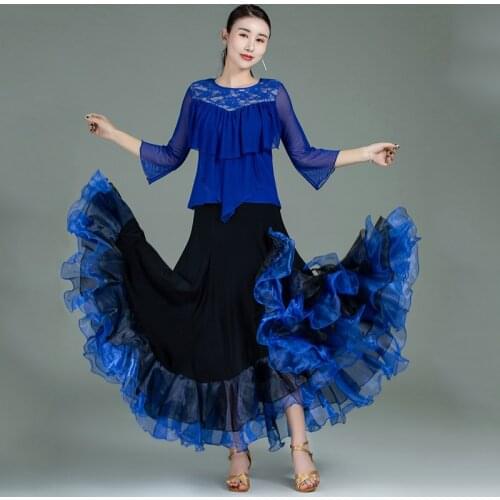 Ballroom Dance Competition Skirt For Women Stage Costume Blue Tango Dance Wear Dancer Outfit Long Skirt Designer Clothes DL7189
