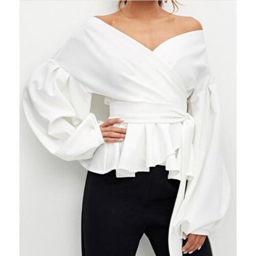 Women Loose Wrap Front Blouse Sexy Off Shoulder Deep V-neck Long Lantern Sleeve Top Solid Color Casual ShirtAM0833
