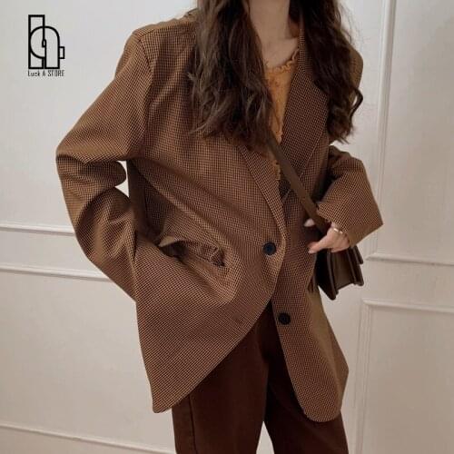 Luck A 2021 Women Spring Autumn Small Plaid Loose Blazer Coat Jacket Button Up Outerwear Cardigan With Pocket Office Lady Blazer