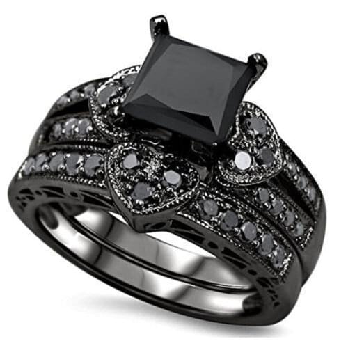 Size5-11 Amazing Jewelry 10kt black gold filled Black 5A CZ 2IN1 2pcs Simulated stones Wedding Women Engagement Bridal Ring gift