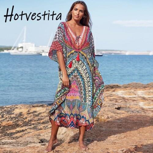 Hotvestita Kaftan Beach Multicolor Print V Neck Tassels Summer Maxi Dress Tunic Women Bikini Veil Sarong Loose Sunscreen Coverup