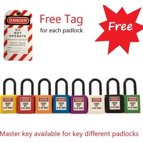 Free tags 10pcs/lot security padlock Plastic Shackle safety padlock ,Nylon non conductive safety padlock unique key or same key