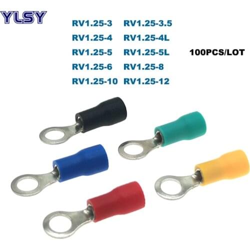 100Pcs Ring Insulated Crimp Terminals Electrical Ferrules RV1.25-3/4/5/6/8/10/12 Wire Cable Connector 19A 22-16AWG 0.5-1.5mm²