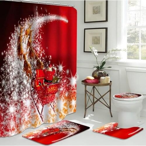 180*180cm 3D Glitter Christmas Santa Claus Reindeer Waterproof Shower Curtain Toilet Seat Set Bathroom Decoration