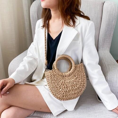 2021 Women Summer Straw Bags Handmade Drawstring Beach Crossbody Bag Rattan Woven Round Handle Bags Female Bohemia Shopping Bags