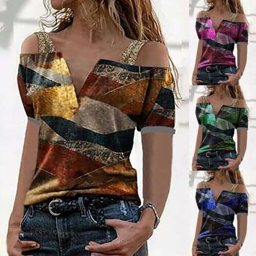 Womens Sexy Off Shoulder Top Summer Blouses Fashion Casual Print V-neck Short Sleeve Female T Shirts Plus Size Woman Clothing