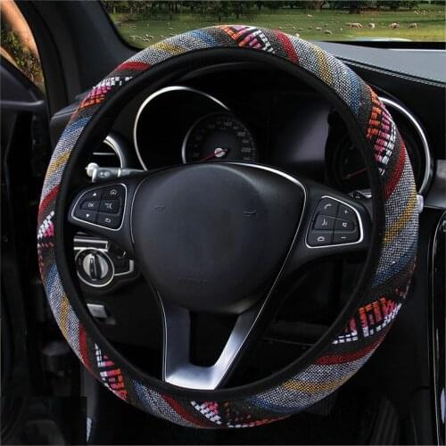 Car Steering Wheel Cover 38cm Universal Elastic National Wind Linen Car Steering Wheel Cover Breathable Non-slip Car Accessories