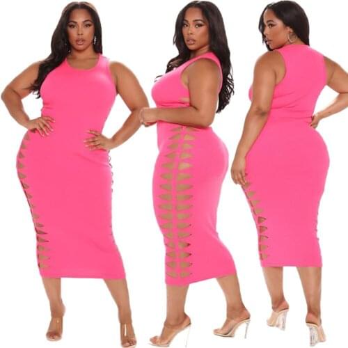 European and American sexy womens plus size 5XL fat clothes summer fashion personality solid color round neck dress