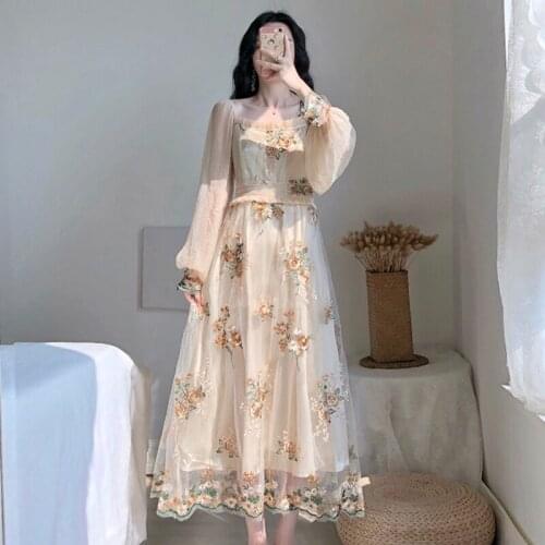 French Floral Embroidery Party Dress Women Slash Neck Lantern Sleeve Lace Mesh Dress Boho Sweet Long Dress Retro Spring A142