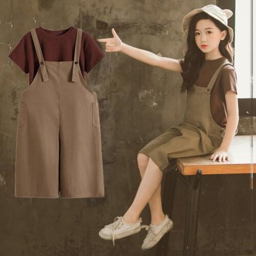 2021 Summer Pants For Girls New Solid Jumpsuit For Kids Casual Overalls Wide Leg Pants Childrens Clothing 4-16 Years Old