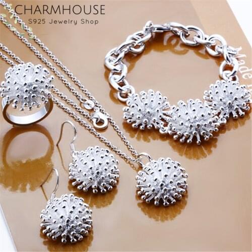 Charmhouse Silver 925 Jewelry Sets For Women Fire Flower Cuff Bangle Bracelet Necklace Ring Earrings 4 pcs Costume Jewelry