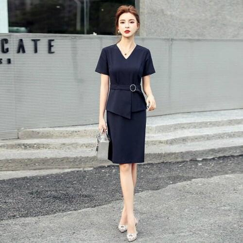Korean Style Womens Dresses New Arrival 2020 Corset Patchwork Midi Bodycon Dress Ladies with Belt Navy Blue Plus Size Sundresses