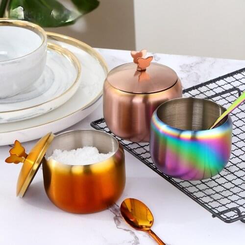 Kitchen Stainless Steel Gold Seasoning Condiment Pot Lovely Design Spice Salt Sugar Container Pepper Jar Tool with Lid and Spoon