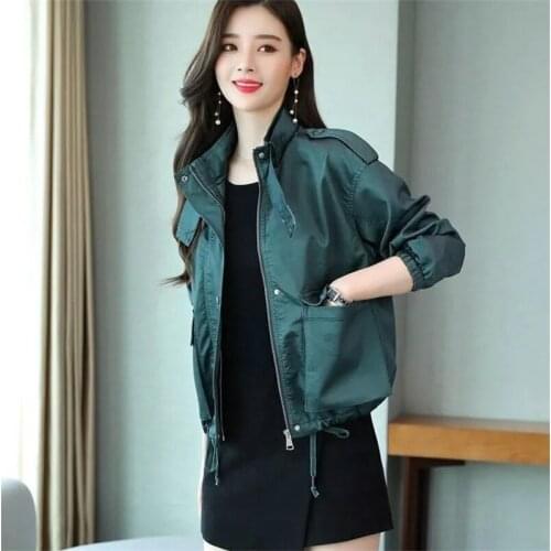 Stand Collar Jackets Women Loose 2021 Spring And Autumn Korean Fashion Black Zipper Femme Jacket Femme Pocket Coat Trend Green