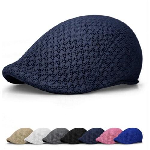 Unisex Casual Beret Hat Flat Cap Breathable Mesh Cap Newsboy Style Adjustable Summer Fashion Solid Color Black Hat For Men Women
