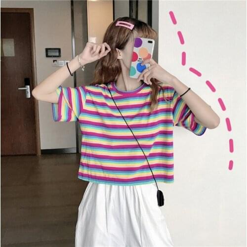 Sweet Rainbow Clothes Stripe Women Summer T-Shirt Minimalist Short Sleeve Women Clothes Tops Tee Shirt Couple Clothes