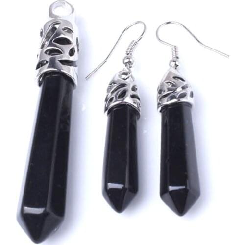 Trendy-beads Silver Plated Black Agates Hexagon Prism Pendant Earrings Jewelry Sets