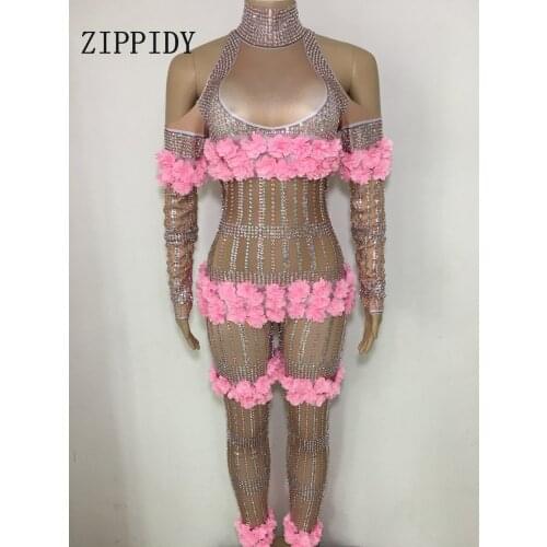 MOMO 2018-6-19 17:05:40 Pink Flowers Rhinestones Jumpsuit Spandex Big Stretch Bodysuit Costume Womens Outfit Stage We