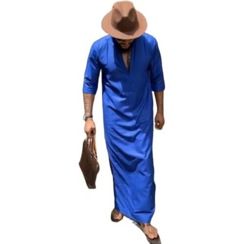 Royal Blue Mens Robes Half Sleeve Design Cotton African Clothes Solid Male Islamic Dress Nigerian Fashion Wedding Party Costume